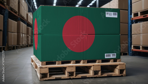 Cardboard boxes and a pallet with the Bangladesh flag, symbolizing export-import business