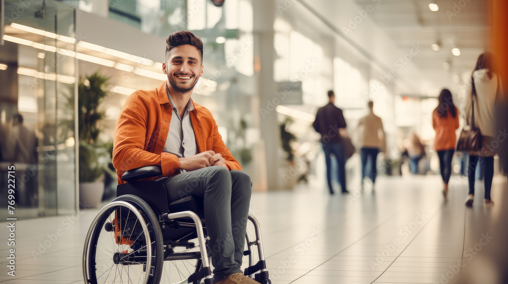 Happy, smiling young guy student in a wheelchair in the foyer of an educational institution. Happy, smiling young guy student in a wheelchair in the foyer of an educational institution.