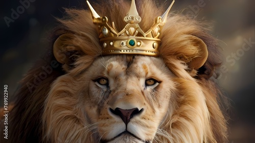 portrait of a lion with cron on head the king photo