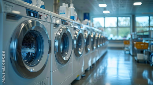 Row of Washing Machines in Laundry Room photo