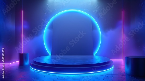  Mockup of abstract minimal wall scene mockup product display with modern geometric forms on a 3D blue holo background, Vector geometric forms. Stage showcase ai generated 