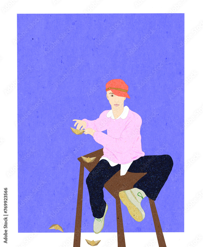 Ilustracja młody człowiek w czapce siedzący na ławce puszczający papierowe statki w powietrzu. - obrazy, fototapety, plakaty 