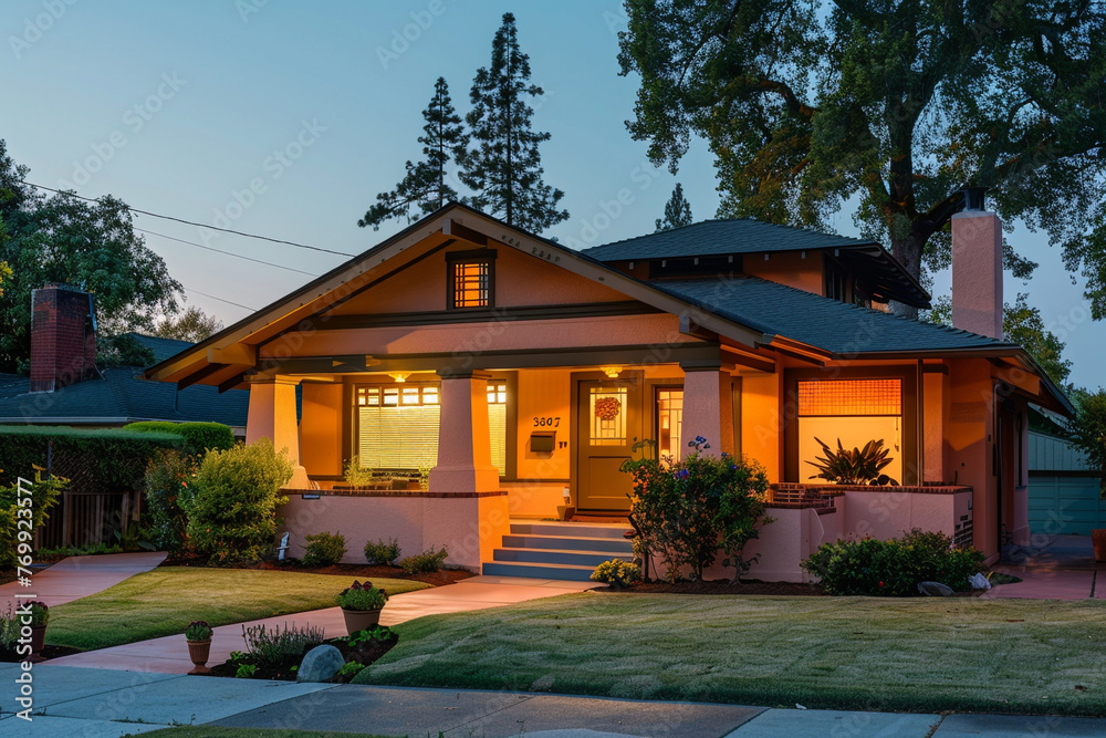 Gentle evening glow casting a calming light on a peach-colored Craftsman style house, relaxed suburban environment transitioning from day to night, peaceful ambiance
