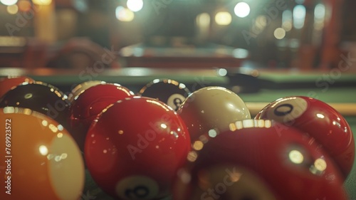 The intricate details of snooker balls and cues captured in a close-up shot photo