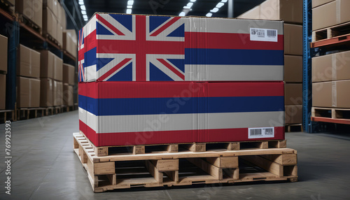Cardboard boxes and a pallet with the Hawaii flag, symbolizing export-import business