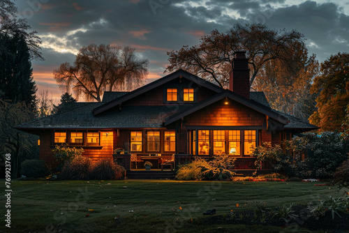 Golden hour illuminating a russet Craftsman style house, the calm before the evening rush in a suburban area, tranquil and picturesque © Nairobi 