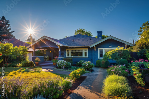 High noon, with the sun directly overhead casting short shadows, showcasing a rich blue Craftsman style house surrounded by a well-kept garden in a 