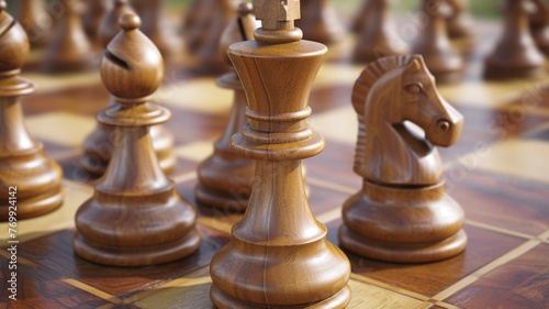 Wooden chess pieces arranged on a chessboard