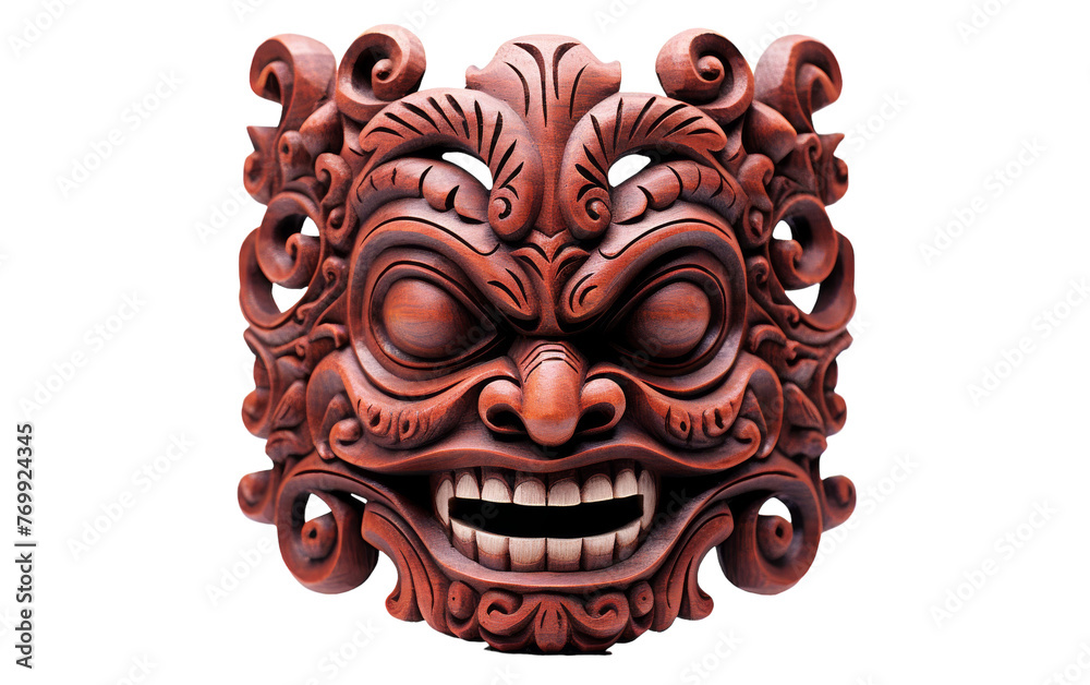 A red mask adorned with a wide, cheerful smile A red mask adorned with a wide, cheerful smile