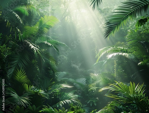 3D illustration of a dense jungle sunlight filtering through the canopy