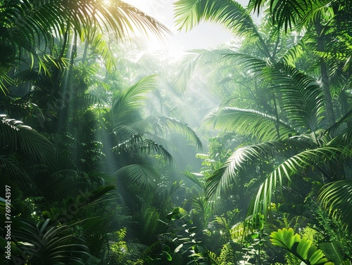 3D illustration of a dense jungle sunlight filtering through the canopy © AArt