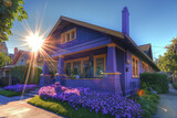 High sun over a vibrant violet Craftsman style house in a lively suburban area, midday activity with clear skies and full sunlight, energetic environment