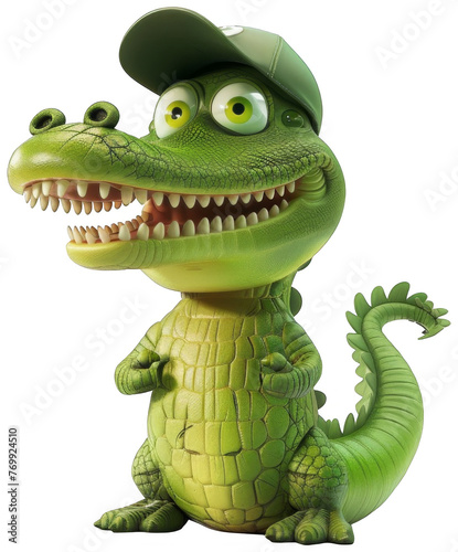 Cartoon Alligator Wearing Baseball Cap. Transparent Background PNG