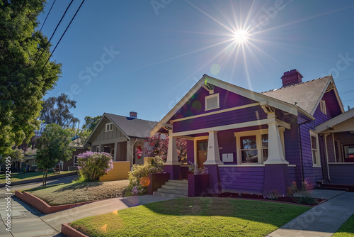 High sun over a vibrant violet Craftsman style house in a lively suburban area, midday activity with clear skies and full sunlight, energetic environment
