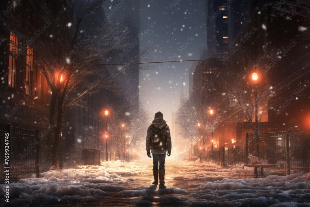 Walking through snowy city street Walking through snowy city street