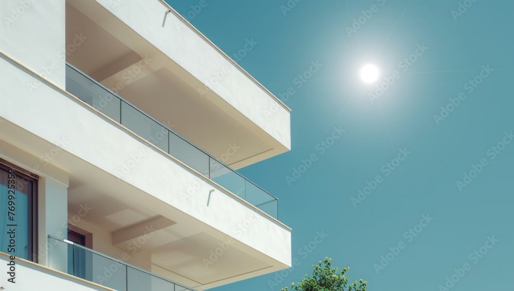 Obraz premium A modern apartment building with geometric shapes and white exterior walls, under the bright sun on a clear day against a blue sky Generative AI