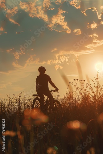 Silhouette of a woman riding a bicycle on the meadow. World Bicycle Day. Sunset adventure: Silhouette on wheels.