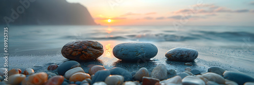 A Perfect Balance of Harmony and Conflict Represented , Zen Stones Atop Beach Sunset And Ocean Backdrop