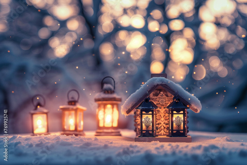 A small, snow-kissed chalet with blurred, glowing lanterns and frosty trees in