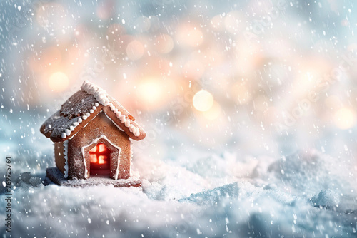 A blurred, miniature gingerbread house surrounded by soft, falling snow, positioned on the left with ample copy space on the right.