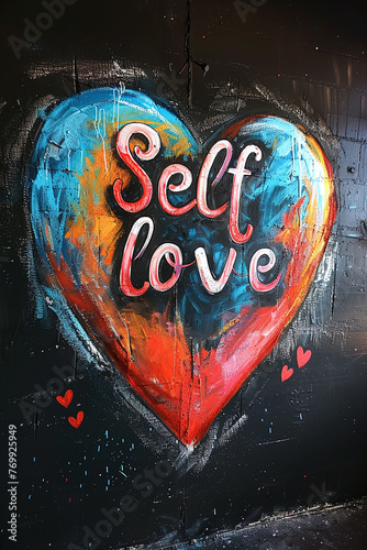 Illustration with a colorful lettering - Self love, graffiti in the heart, in chalk design style on a black background. The pattern is perfect for the design of posters, cards, banners, chalk boards