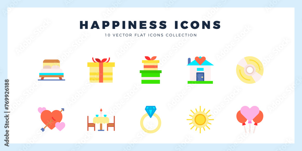 10 Happiness Flat icons pack. vector illustration.