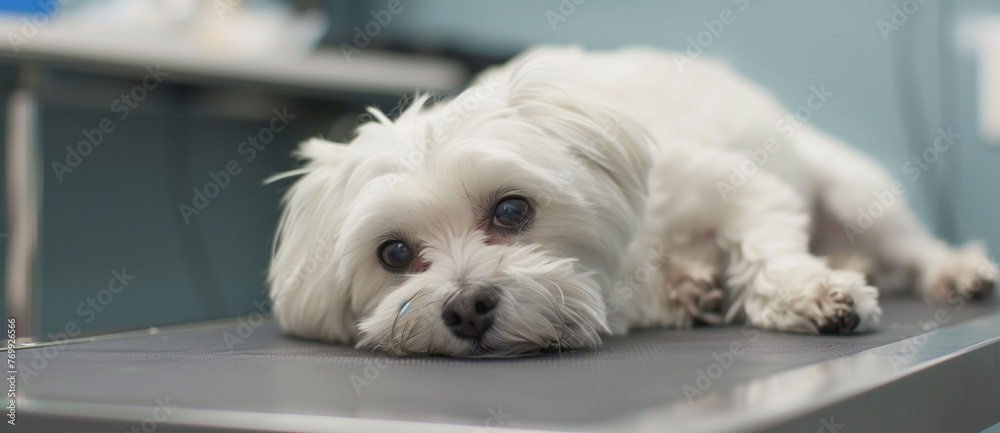 A beautiful little dog with a sad face, lying on a stretcher at the vet's office. Concept of pets, care, veterinary. A beautiful little dog with a sad face, lying on a stretcher at the vet's office. Concept of pets, care, veterinary.