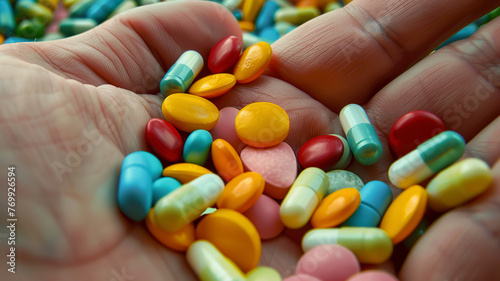 close up of ahand with pills, colored pills in the hand, pills background, hand holding pills