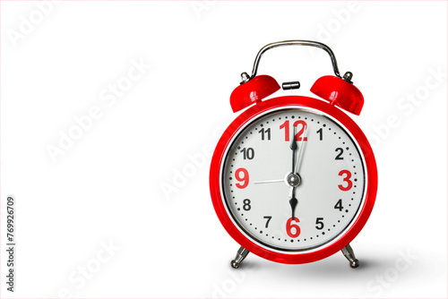 Time alarm clock red body and rings bell isolated on white background, This has clipping path.