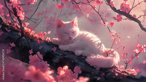 an adorable schrimp for my white cat, Cherry blossoms,generative ai