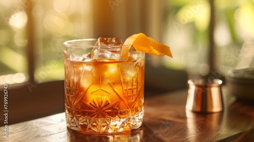 Old Fashioned cocktail presented against a sunny background. An alcoholic beverage served in a glass.