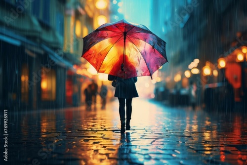 Woman walking on a rainy summer day with a colorful umbrella