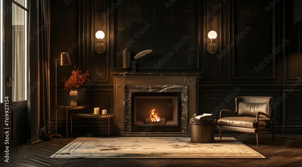 A dark room with an elegant fireplace, a comfortable armchair and soft lighting creating a cozy winter atmosphere