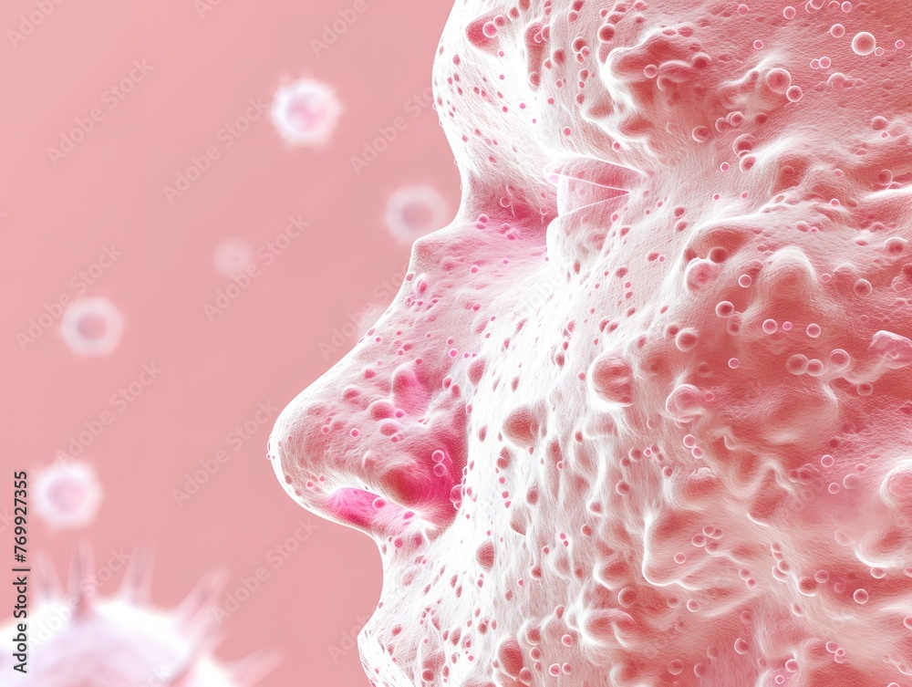 Woman's face is covered in small, white, round bubbles. The bubbles are scattered all over her face, giving the impression of a messy, chaotic appearance. Concept of disorder and lack of cleanliness. Woman's face is covered in small, white, round bubbles. The bubbles are scattered all over her face, giving the impression of a messy, chaotic appearance. Concept of disorder and lack of cleanliness.