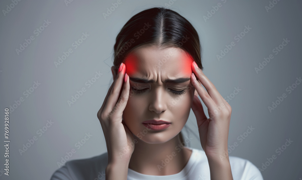 Fototapeta premium Strong severe headache and migraine, suffering stressed woman holding her temples