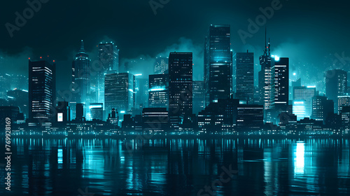 A city skyline is reflected in the water. The city is lit up at night  creating a moody atmosphere