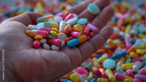 close up of ahand with pills, colored pills in the hand, pills background, hand holding pills