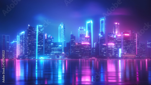 A city skyline with neon lights reflecting on the water. The scene is vibrant