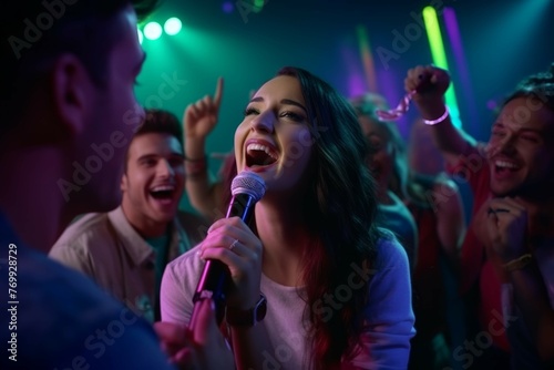 Friends having fun at a karaoke night with colorful lights and microphones
