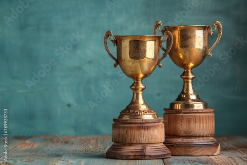 Two Golden Trophies on Wooden Table