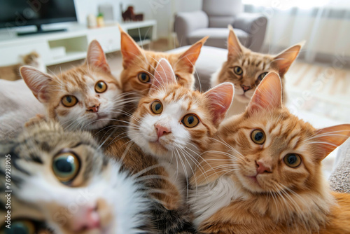 Diverse Breeds of Cats Posed in Home Living Room Gazing at Camera photo