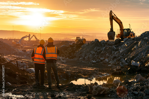 Two construction workers wearing high-visibility vests and safety helmets at sunset, overlooking a rugged construction site with heavy machinery