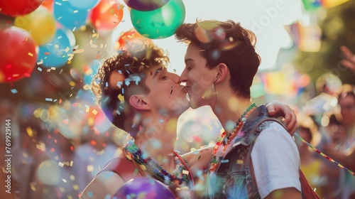 Beautiful gay men couple kissing and celebrating on pride parade, Vogue magazine style photo, blurred background