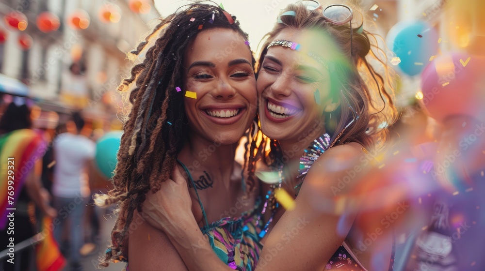 Beautiful transsexuals couple hugging and celebrating on pride parade, Vogue magazine style photo, blurred background Beautiful transsexuals couple hugging and celebrating on pride parade, Vogue magazine style photo, blurred background