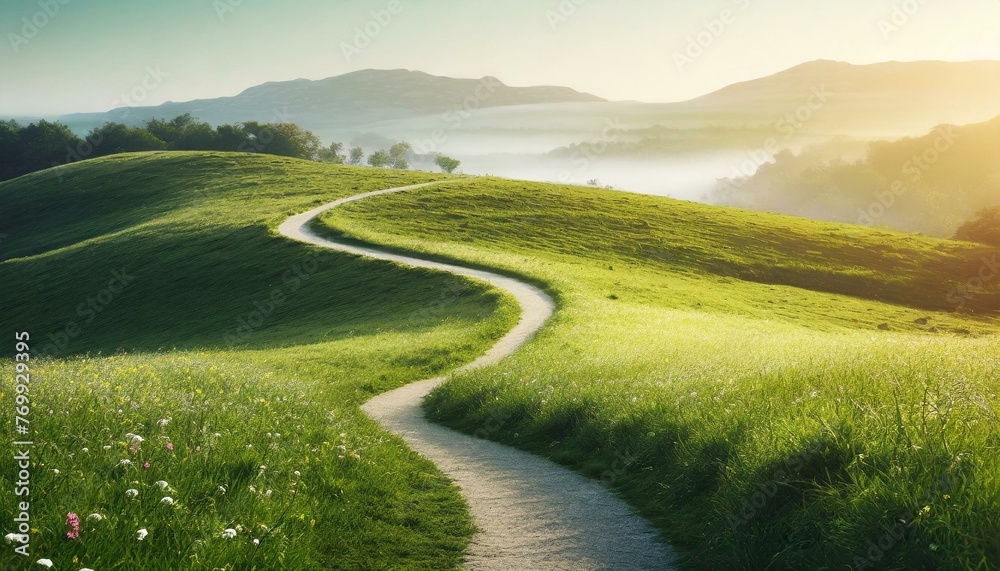  Scenic winding path through a field of green grass in the morning