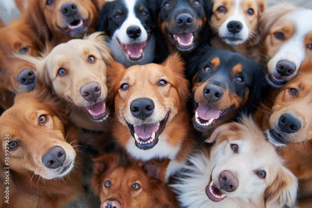 A Diverse Collection of Happy Dog Breeds Smiling for the Camera, Offering a Delightful Portrait of Canine Joy and Companionship in a Close-Up View A Diverse Collection of Happy Dog Breeds Smiling for the Camera, Offering a Delightful Portrait of Canine Joy and Companionship in a Close-Up View