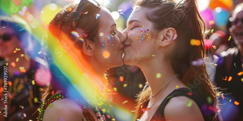 Charming lesbian girls couple kissing and celebrating on pride parade, side view, Vogue magazine style photo, blurred background  photo