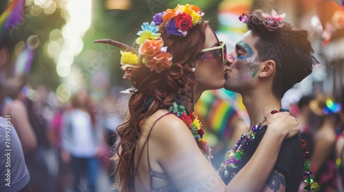 Charming transsexuals couple kissing and celebrating on pride parade, side view, Vogue magazine style photo, blurred background