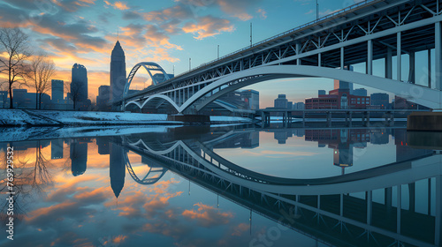 A bridge spans a river with a city in the background. The sky is orange and pink, creating a warm and peaceful atmosphere