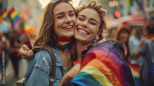 Cute lesbian girls couple hugging and celebrating on pride parade, Vogue magazine style photo, blurred background